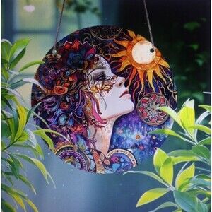 Girl & Moon Floral Decorative Metal Home Wall Decor 8" Round Gift Colorful NIP